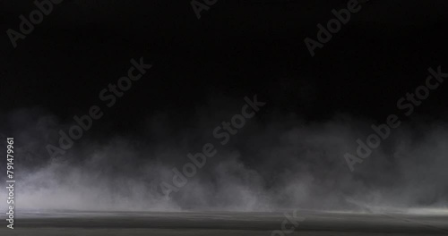 FX element of low-hanging, roiling smoke shot against black. Good hanging mist effect. Resolution: 4096 x 2160 @ 23.976fps	
