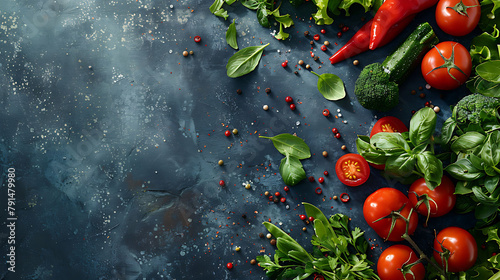 Raw organic vegetables with fresh ingredients for healthily cooking on vintage background, top view, banner, Vegan or diet food concept, Background layout with free text space photo