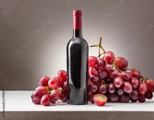 Bouteille de vin rouge et grappe de raisin