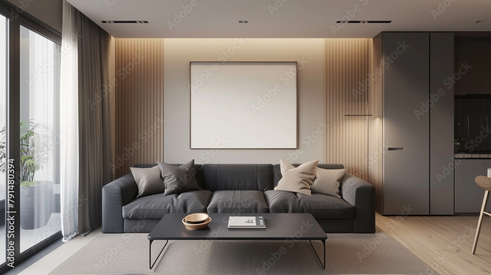 The modern living room embraces simplicity with its sleek slate gray sofa against a backdrop of neutral beige walls, featuring an empty frame poised for artistic expression. The modern living room embraces simplicity with its sleek slate gray sofa against a backdrop of neutral beige walls, featuring an empty frame poised for artistic expression.