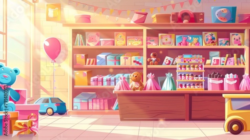 Cartoon interior of a toy store with a children's gift shelf. Teddy bears, balloons, books and a car sit on shelves on a sunny day. Sunlight streams in from a window near the counter.