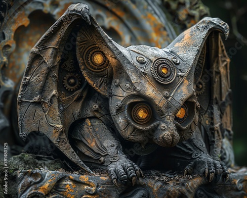 Ancient stone bat statue entwined with gears eyes glowing with a mystic light