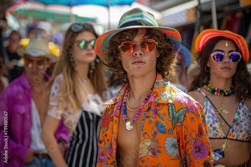 A group of stylish young people wearing colorful summer outfits and sunglasses on a vibrant street.