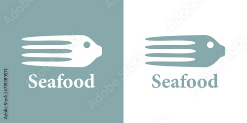 Logo restaurante de mariscos. Palabra Seafood con combinación de silueta de tenedor y cabeza de pescado photo