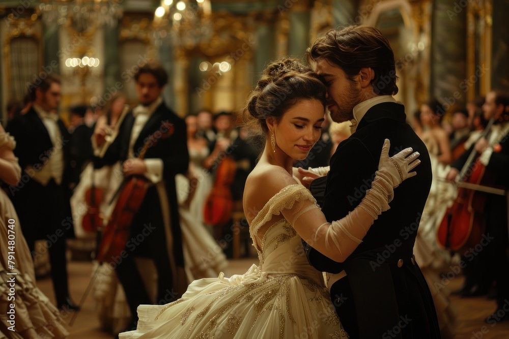 An elegant couple dances closely in a grand ballroom, surrounded by classical musicians.