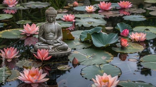 tranquil pond dotted with vibrant lotus blooms, with a serene Buddha statue nestled among the leaves, embodying harmony, enlightenment, and inner peace. photo