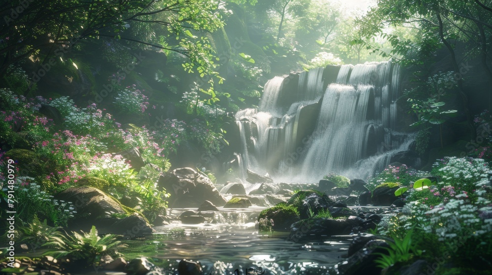 Waterfall in forest surrounded by rocks and flowers