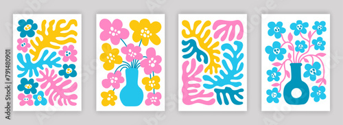 Abstract simple colorful flower and leaf composition set. Contemporary art interior poster designs. Naive drawing EPS 10 vector background collection.