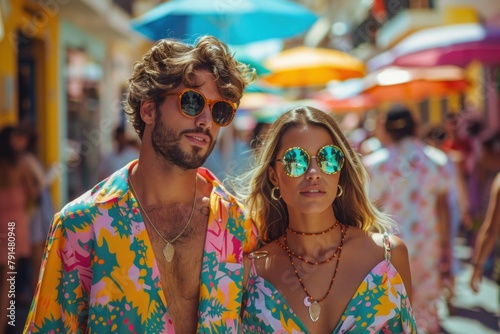 Stylish couple wearing vibrant tropical-patterned outfits and reflective sunglasses on a colorful street.