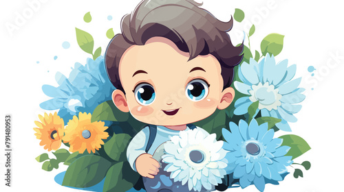 Cute Cartoon Baby with flowers on a white backgroun
