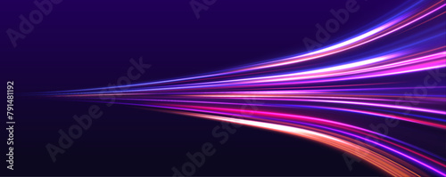 Rotating dynamic neon circle. Colored shiny sparks of spiral wave. Expressway, the effect of car headlights. Low-poly construction of fine lines. Blue background. 