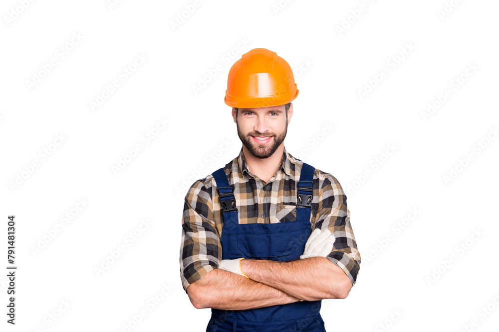 Portrait of cheerful positive repairer in shirt and overall looking at camera isolated on grey background, having arms crossed, isolated on grey background