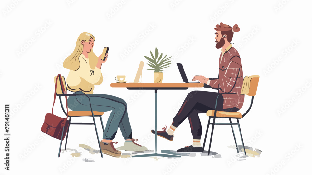 Couple working in cafe. Young man and woman spend 