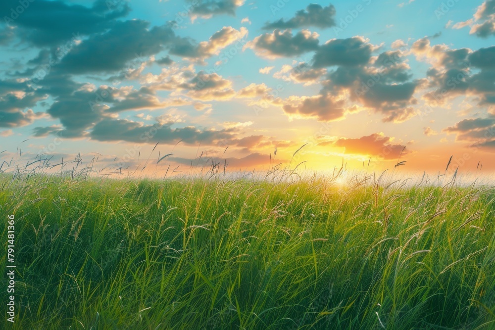 Beautiful green grass field landscape with blue sky at sunset Beautiful green grass field landscape with blue sky at sunset