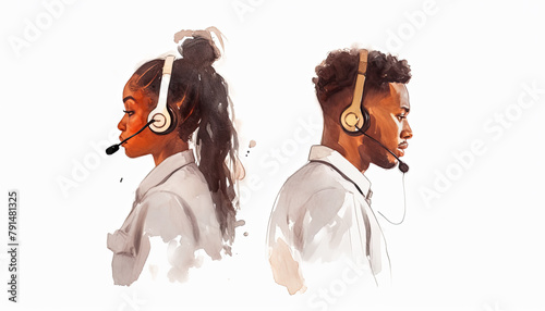 Call Center. Guy and girl in white shirt and blouse with headphones. Watercolor isolated illustration on white background. Counseling and information service. 