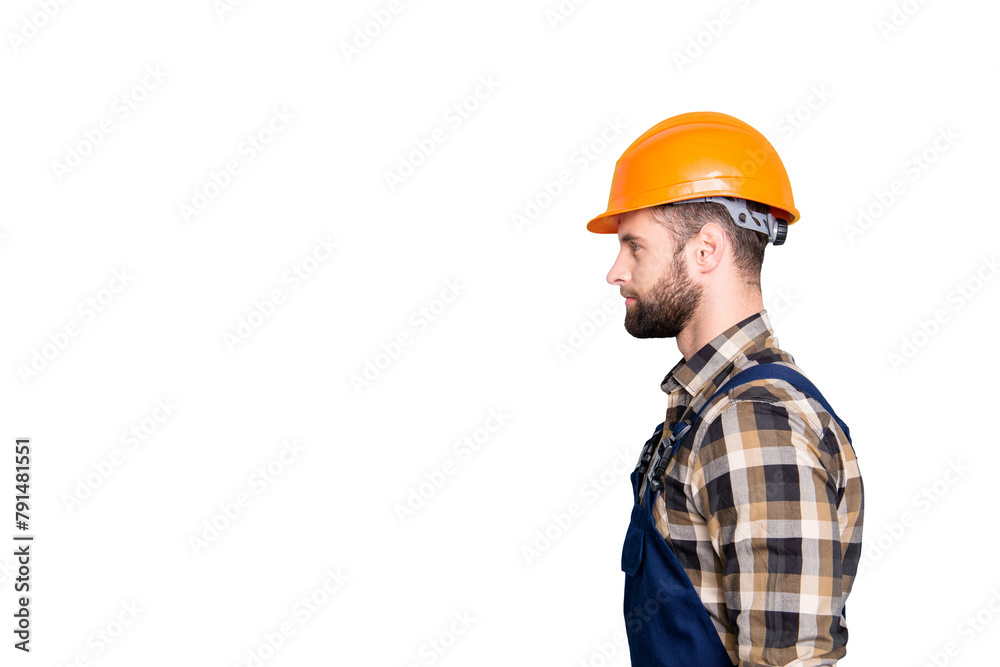 Profile portrait with copy space, empty place for advertisement, product of virile harsh repairer in shirt and overall isolated on grey background Profile portrait with copy space, empty place for advertisement, product of virile harsh repairer in shirt and overall isolated on grey background