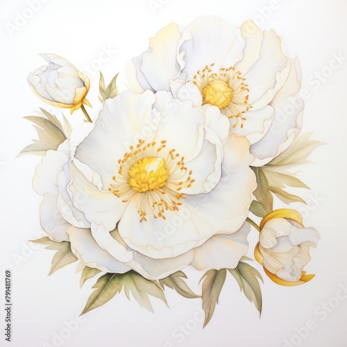 watercolor white and gold peony white background