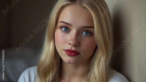 gorgeous picture of 1blonde 18 years old russian girl, beautiful big striking blue eyes, delicate black eyebrows, rosy cheeks, red lips, smiling face very white skin, long wavy black hair cascading 