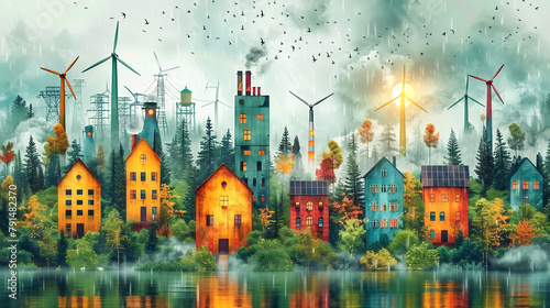 Green eco friendly city Illustration. Ecology concept with green eco city on nature background photo