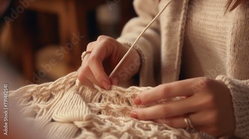 Cozy homely atmosphere. Female hobby knitting. Yarn in warm colors. Pink, peach, beige, white and green. The beginning of the process of knitting