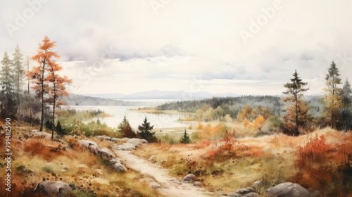 watercolor painting autumn landspace photo