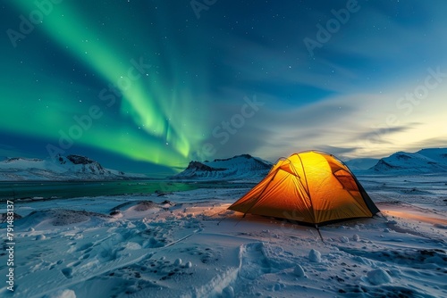 Illuminated tent under the magical Aurora Borealis in a snowy landscape