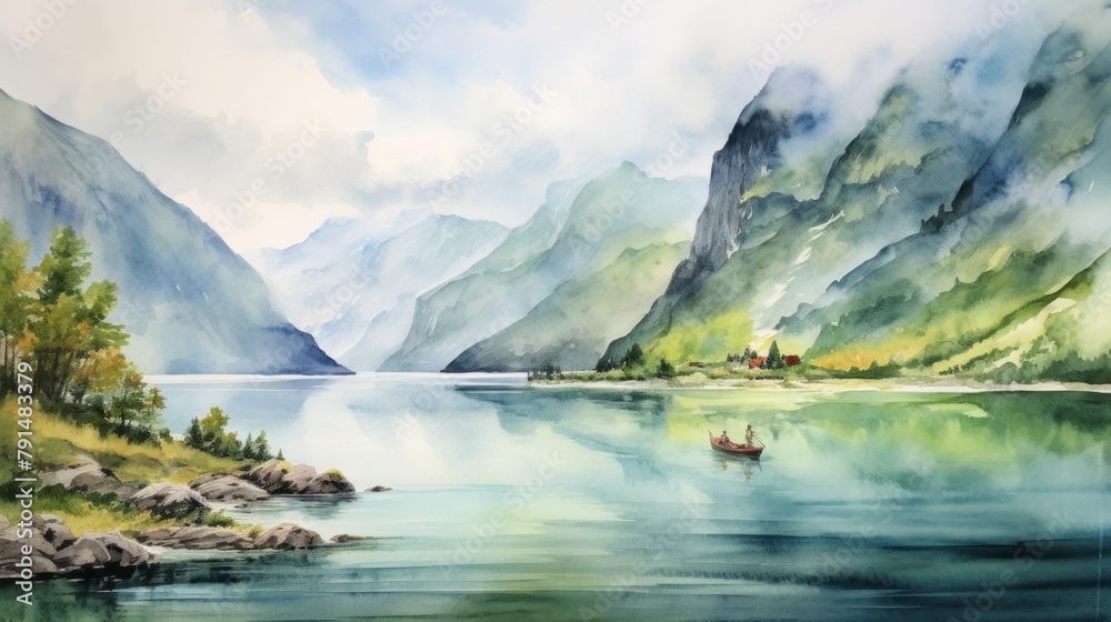 Watercolor painting beautiful Scandinavian fjord