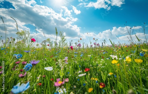 Beautiful field with green grass and colorful wildflowers on blue sky background