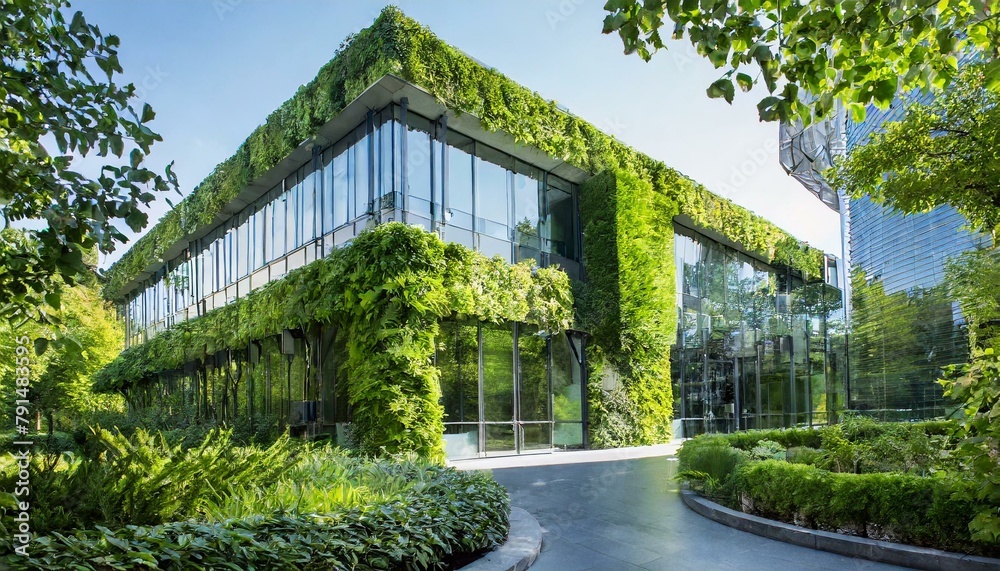 Green Oasis: Modern home Sustainable Office Building with Lush Green Walls greenland background Green Oasis: Modern home Sustainable Office Building with Lush Green Walls greenland background