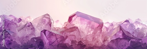 A stunning display of crystal formations tinted in varying shades of purple, emitting a tranquil and elegant vibe