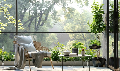 A modern and comfortable home relaxation area on a balcony or a cafe outdoors seat on a balcony. photo