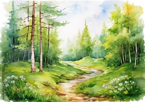 watercolor illustration of a beautiful spring day in gthe forest