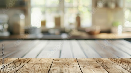 An image of a wood tabletop on a blurred background. It could be used for publishing products or for design layouts. © Mark