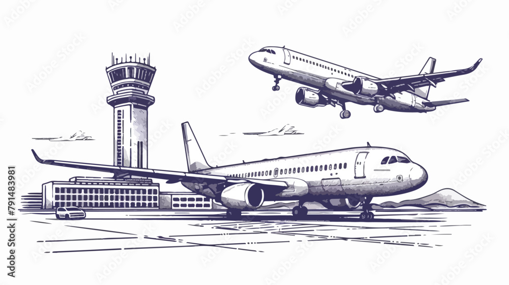 Jet passenger plane and airport building. Vector 