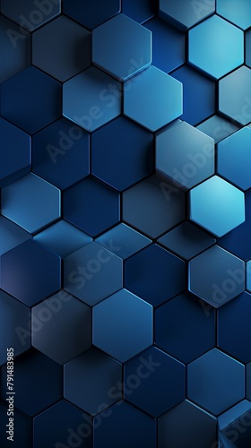 Indigo background with hexagon pattern, 3D rendering illustration. Abstract indigo wallpaper design for banner, poster or cover with copy space for photo text or product, blank empty copyspace