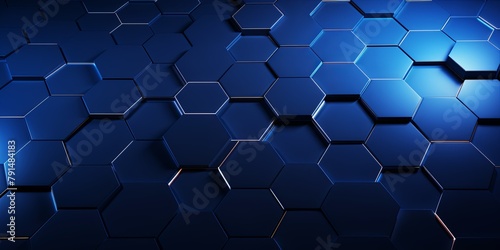 Indigo background with hexagon pattern, 3D rendering illustration. Abstract indigo wallpaper design for banner, poster or cover with copy space for photo text or product