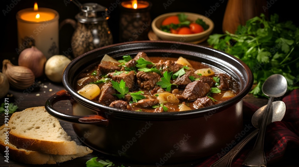 A golden 3D image of beef stew in a pot on a wooden table