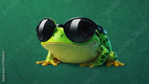 A cute, chubby frog with oversized black sunglasses against a plain backdrop, showcasing humor and style photo