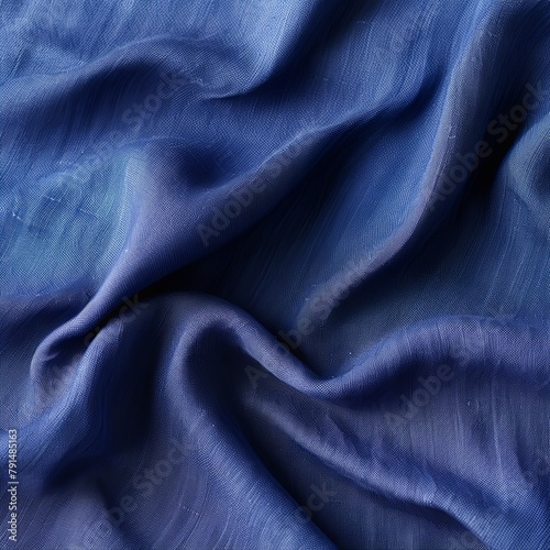 Indigo linen fabric with abstract wavy pattern. Background and texture for design, banner, poster or packaging textile product. 