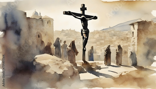 Watercolor painting of Jesus’ Crucifixion at Jerusalem. photo