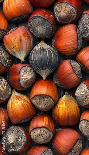 Close-up of Fresh Hazelnuts in Shells on Black Background, Organic Nut Selection