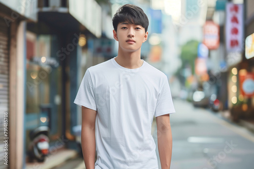 Asian man wearing a white T-shirt standing on a street mockup