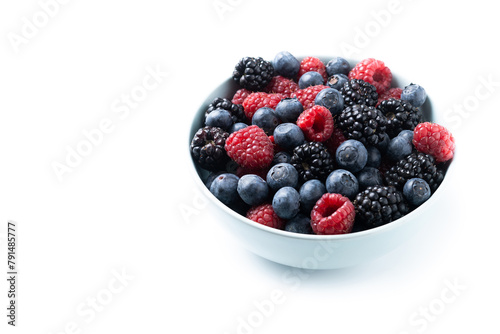 Fresh assortment berries isolated on white background. Copy space