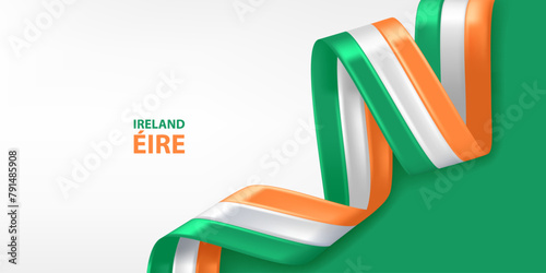 Ireland 3D ribbon flag. Bent waving 3D flag in colors of the Irish national flag. National flag background design.