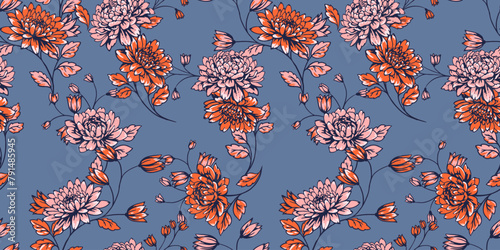 Colorful blossoms wild floral stems seamless pattern on a blue background. Vector hand drawn. Artistic, abstract flowers and tiny leaves, buds printing. Template for designs, fabric, fashion