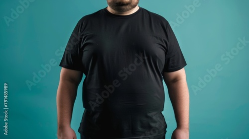 Big size fat adult man model in Blank black T Shirt for design mockup photo