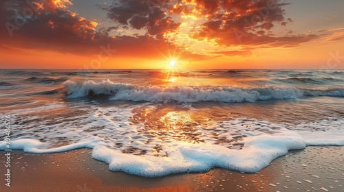A sunset over the ocean with waves crashing on shore, AI photo