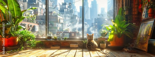 Adorable Cat Resting on Window Sill, Fluffy and Watching Outdoors, Cozy Home Interior