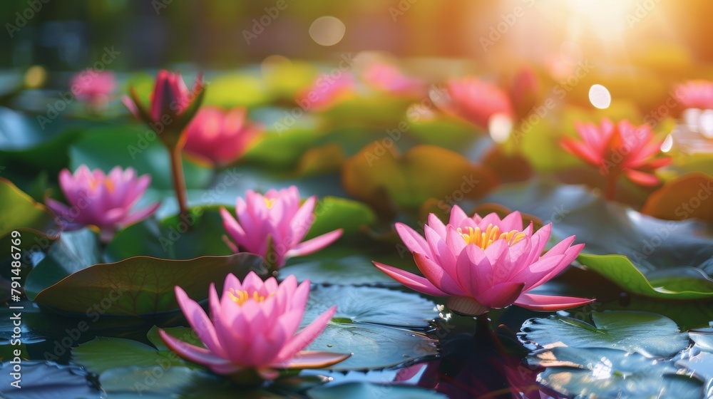 A bunch of pink flowers are floating in a pond, AI