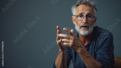 Senior man with public speaker gesture. Fingers connected at fingertips, pose which imposes power and patience, gray studio background, copy space